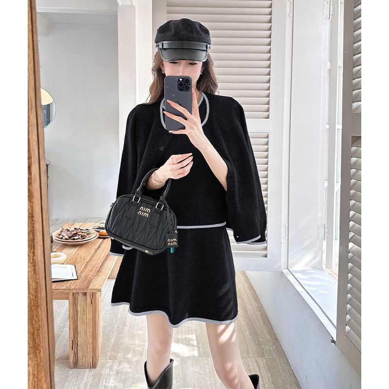 U-Neck Contrast Trim Cardigan, Tank, & Mini A-Line Skirt Set