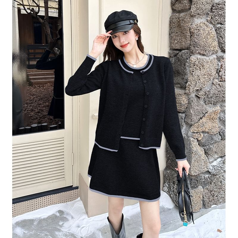 U-Neck Contrast Trim Cardigan, Tank, & Mini A-Line Skirt Set