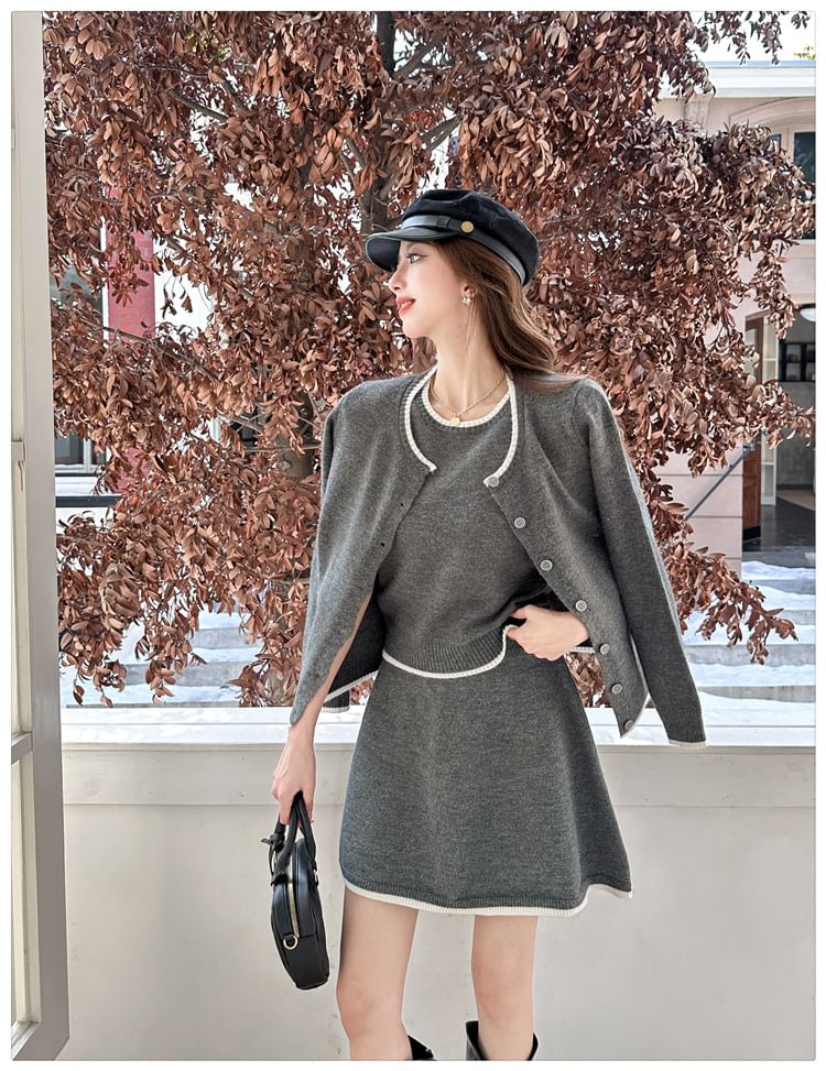 U-Neck Contrast Trim Cardigan, Tank, & Mini A-Line Skirt Set
