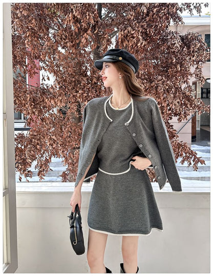 U-Neck Contrast Trim Cardigan, Tank, & Mini A-Line Skirt Set
