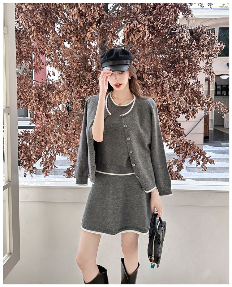 U-Neck Contrast Trim Cardigan, Tank, & Mini A-Line Skirt Set