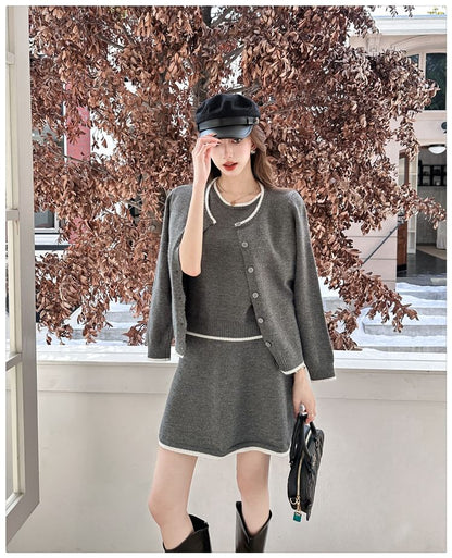 U-Neck Contrast Trim Cardigan, Tank, & Mini A-Line Skirt Set