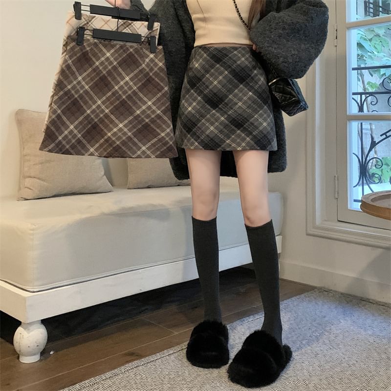 High Rise Plaid Mini A-Line Skirt