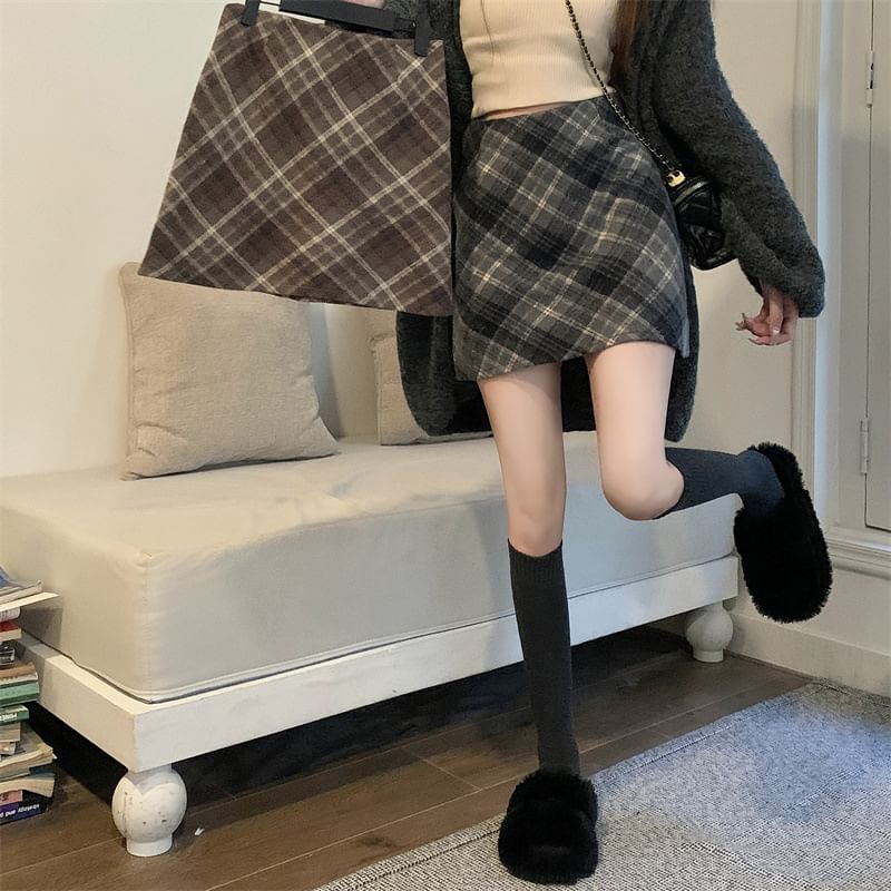High Rise Plaid Mini A-Line Skirt