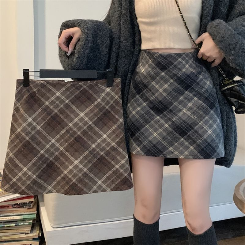 High Rise Plaid Mini A-Line Skirt