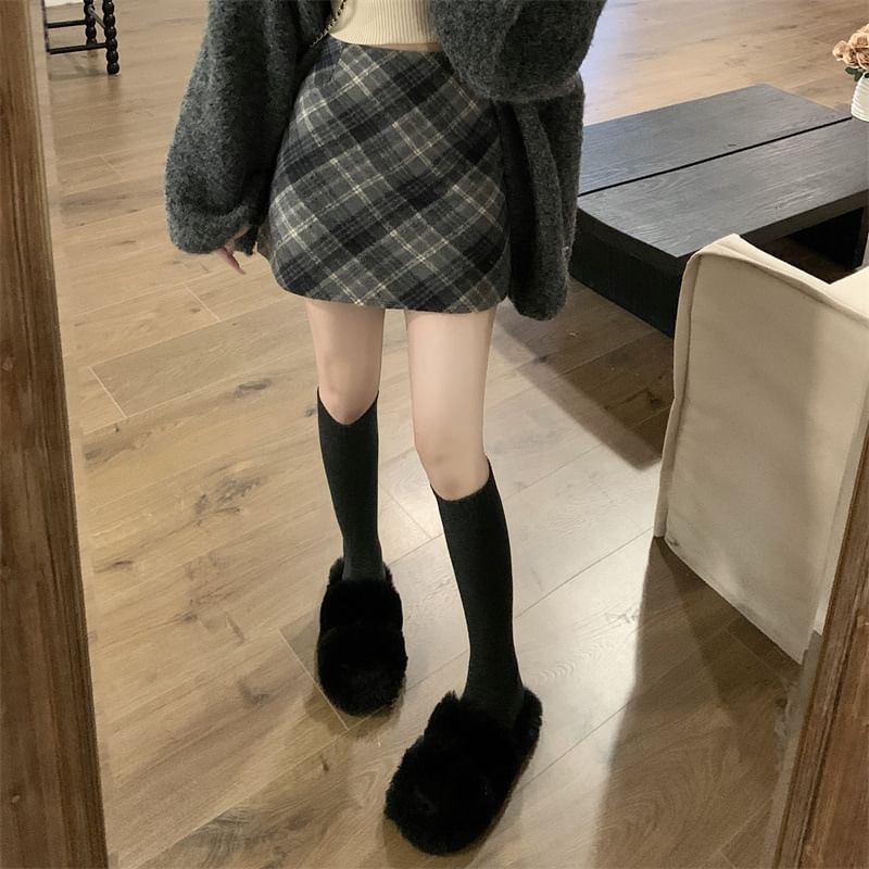 High Rise Plaid Mini A-Line Skirt
