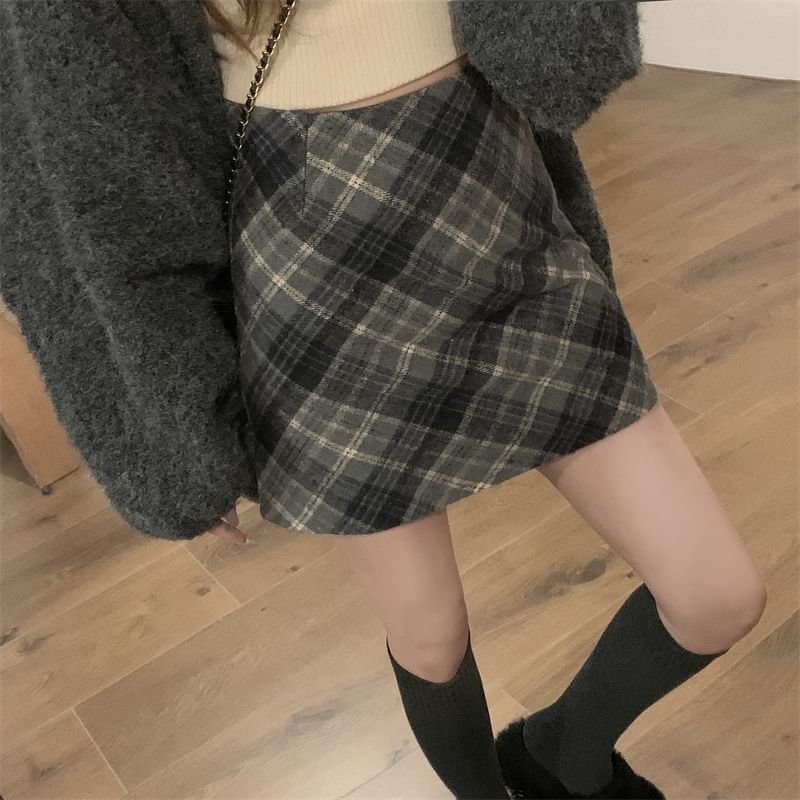 High Rise Plaid Mini A-Line Skirt