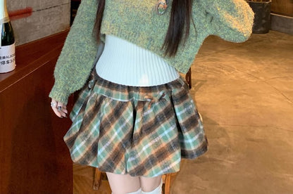 Cropped V-Neck Sweater with Ribbed Tank & Plaid Mini Skirt