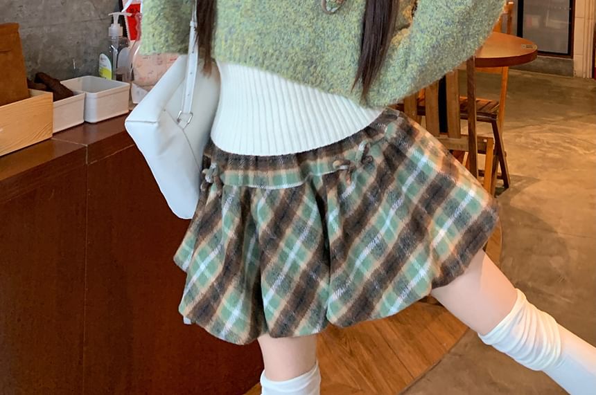 Cropped V-Neck Sweater with Ribbed Tank & Plaid Mini Skirt