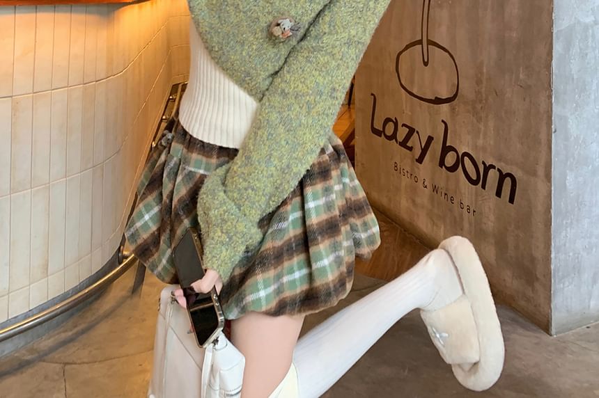 Cropped V-Neck Sweater with Ribbed Tank & Plaid Mini Skirt