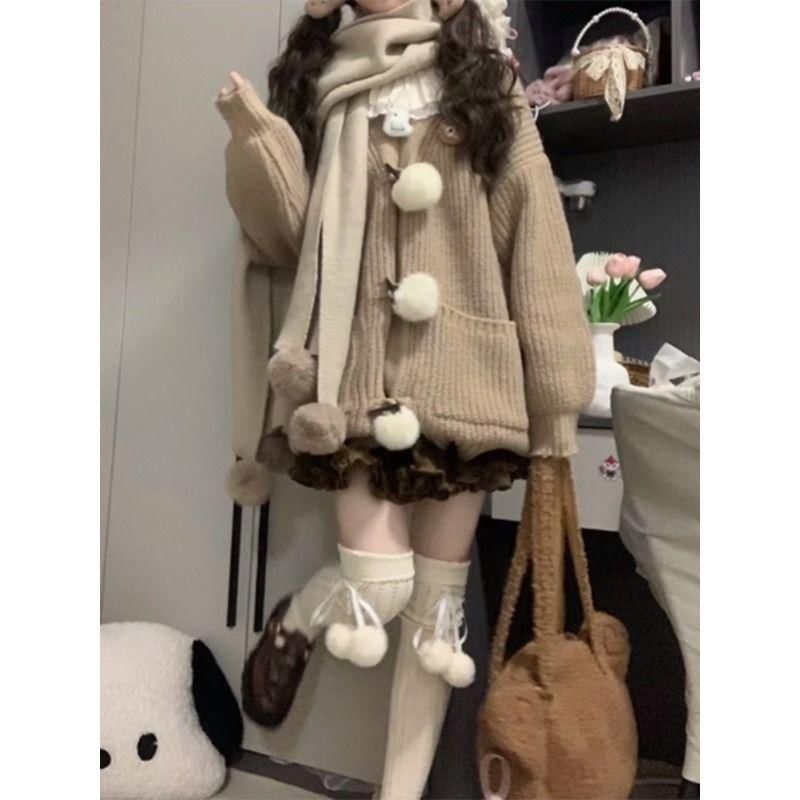 Pom Pom Cardigan & Frill Trim Mini A-Line Skirt Set