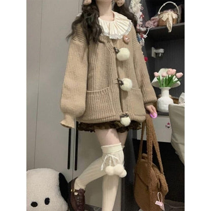 Pom Pom Cardigan & Frill Trim Mini A-Line Skirt Set