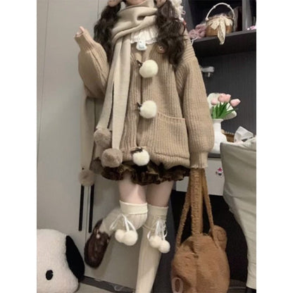 Pom Pom Cardigan & Frill Trim Mini A-Line Skirt Set