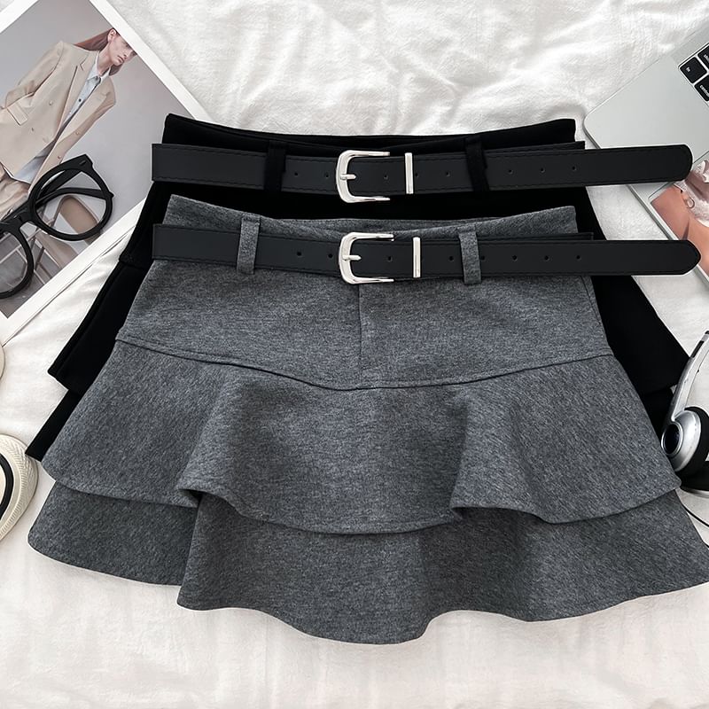 Ruffle Belted Mini A-Line Skirt with High Waist