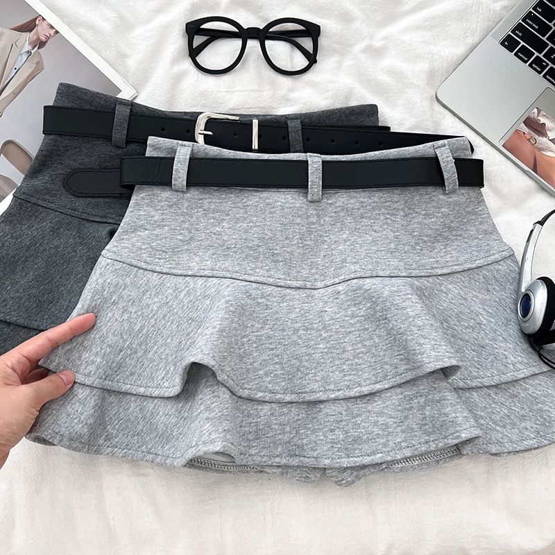 Ruffle Belted Mini A-Line Skirt with High Waist