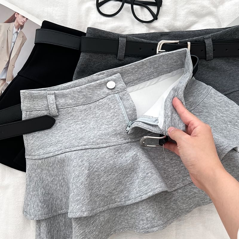 Ruffle Belted Mini A-Line Skirt with High Waist