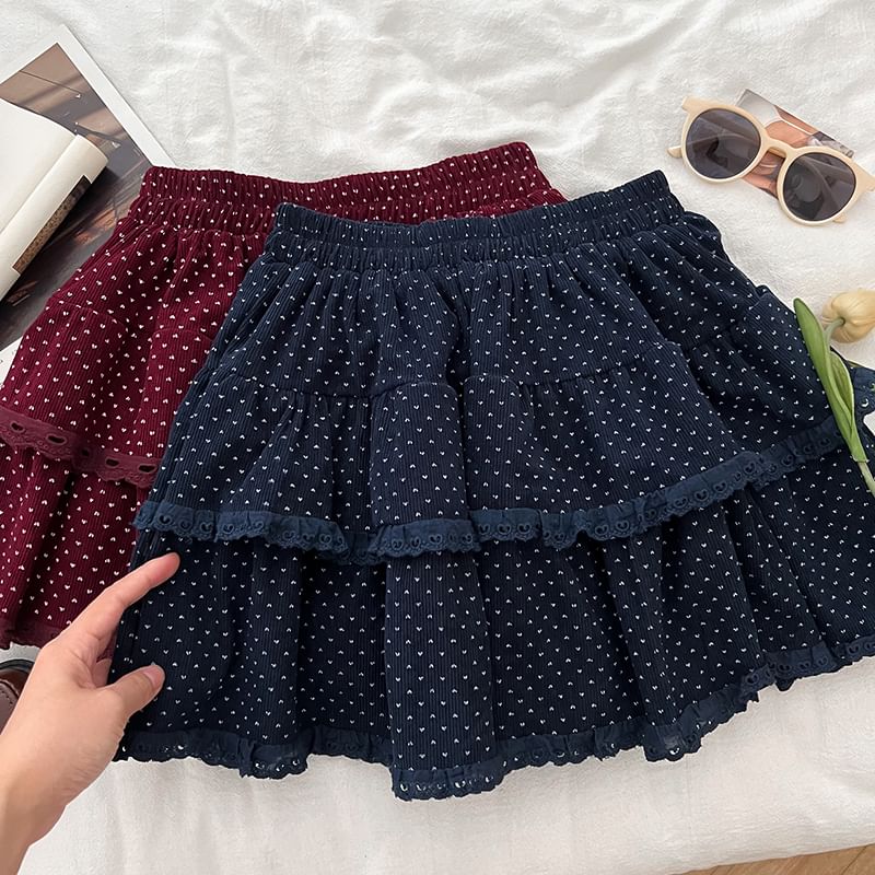 Polka Dot Ruffle Trim Mini A-Line Skirt with High Rise
