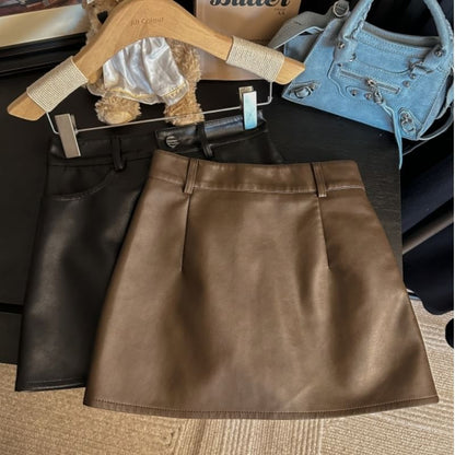Faux Leather Mini A-Line Skirt with Plain High-Rise Waist