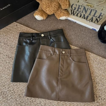 Faux Leather Mini A-Line Skirt with Plain High-Rise Waist