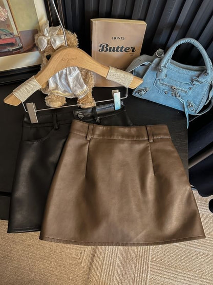 Faux Leather Mini A-Line Skirt with Plain High-Rise Waist