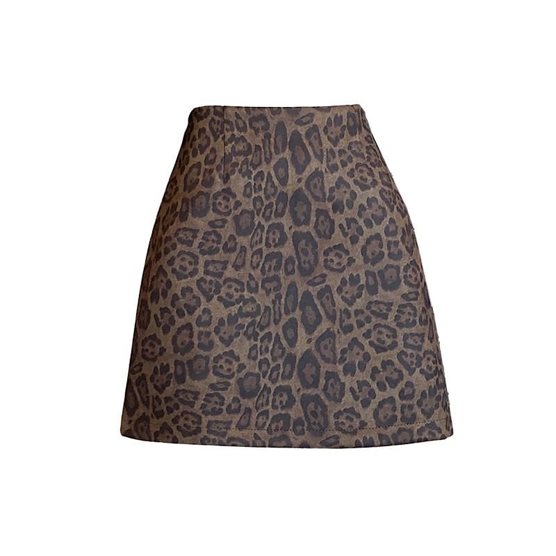 Leopard Print Mini A-Line Skirt with High Waist