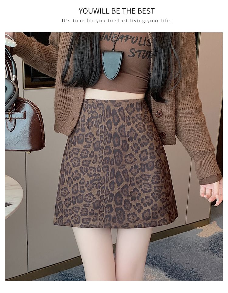 Leopard Print Mini A-Line Skirt with High Waist