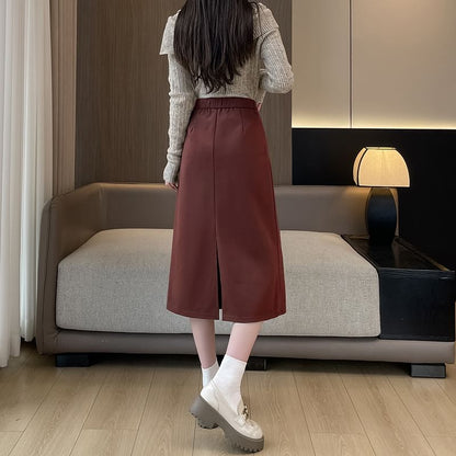 Slit Midi A-Line Skirt in Plain High-Rise Style