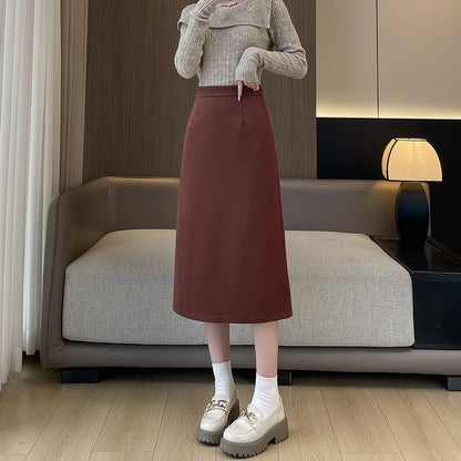 Slit Midi A-Line Skirt in Plain High-Rise Style