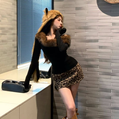 One Shoulder Fluffy Trim Top & Leopard Boucle Mini Pencil Skirt