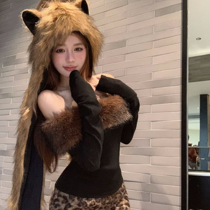 One Shoulder Fluffy Trim Top & Leopard Boucle Mini Pencil Skirt