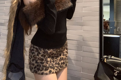 One Shoulder Fluffy Trim Top & Leopard Boucle Mini Pencil Skirt