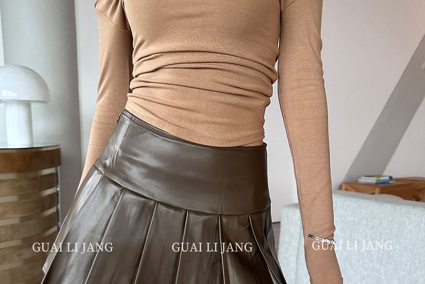Pleated Faux Leather Mini Skirt with Plain High Waist