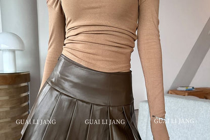 Pleated Faux Leather Mini Skirt with Plain High Waist