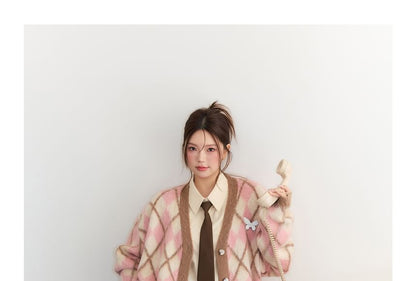 Plus Size V-Neck Plaid Button-Up Cardigan