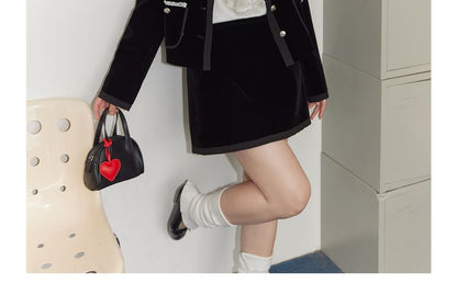 Plus Size Set: V-Neck Lettering Crop Jacket + Mini Skirt