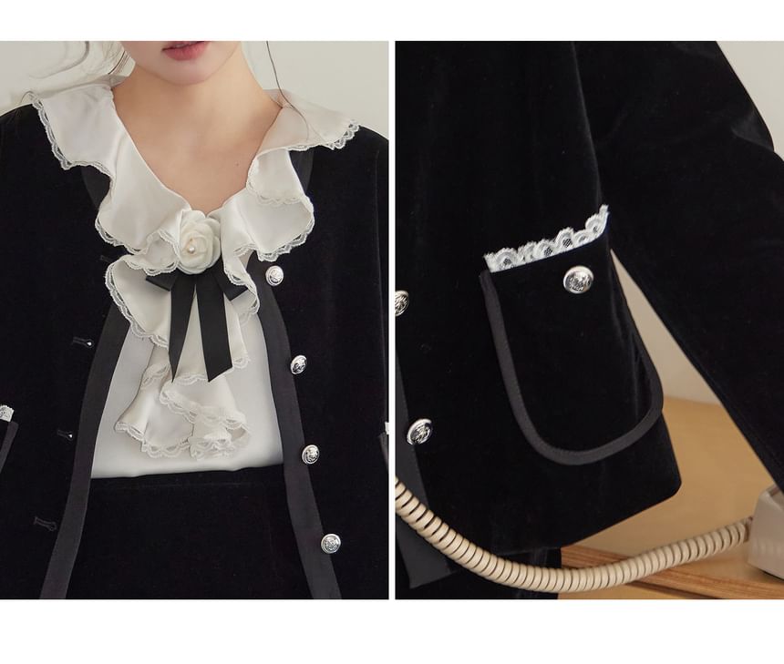 Plus Size Set: V-Neck Lettering Crop Jacket + Mini Skirt