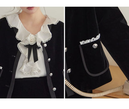 Plus Size Set: V-Neck Lettering Crop Jacket + Mini Skirt