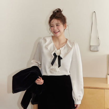 Plus Size Long-Sleeve Frill Trim Plain Shirt