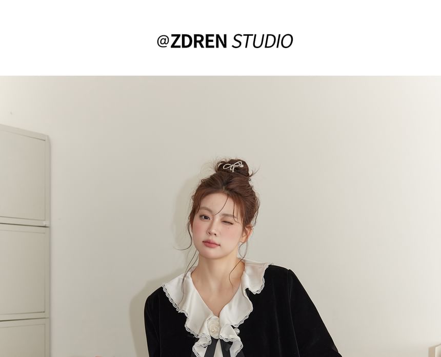 Plus Size Long-Sleeve Frill Trim Plain Shirt