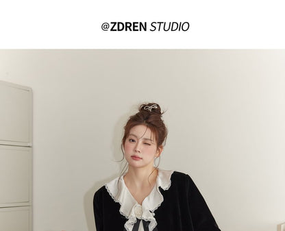 Plus Size Long-Sleeve Frill Trim Plain Shirt