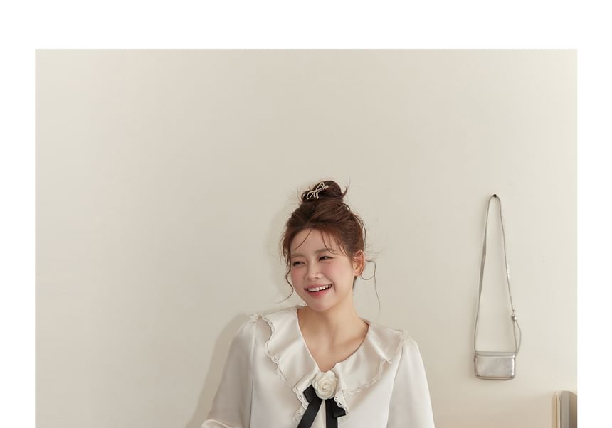 Plus Size Long-Sleeve Frill Trim Plain Shirt