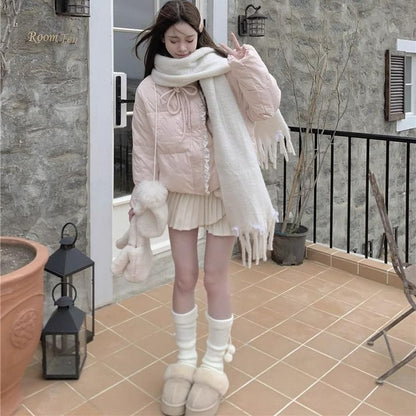 Stand Collar Bow Print Lace Trim Padded Zip Jacket