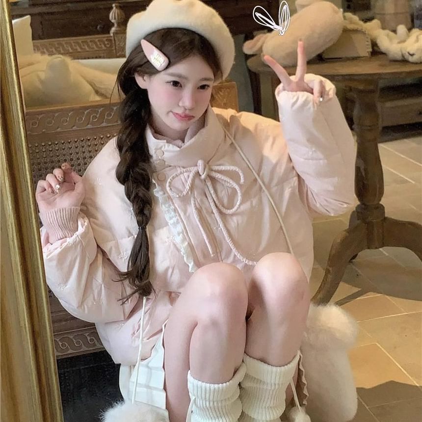 Stand Collar Bow Print Lace Trim Padded Zip Jacket