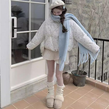 Stand Collar Bow Print Lace Trim Padded Zip Jacket