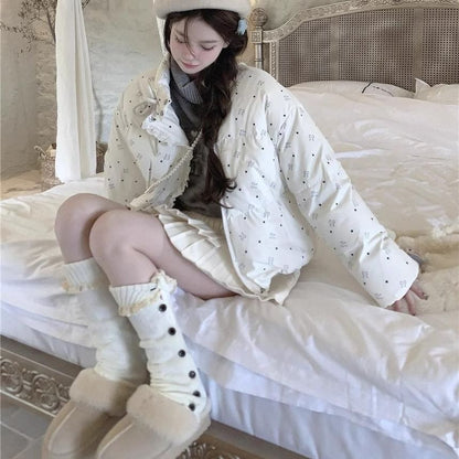 Stand Collar Bow Print Lace Trim Padded Zip Jacket