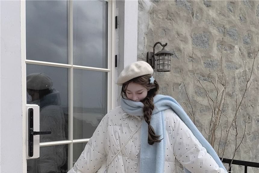 Stand Collar Bow Print Lace Trim Padded Zip Jacket