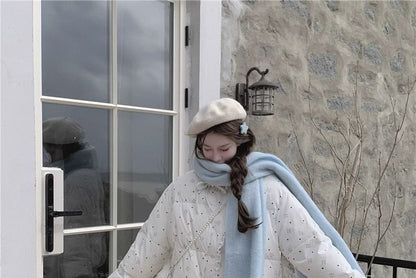 Stand Collar Bow Print Lace Trim Padded Zip Jacket