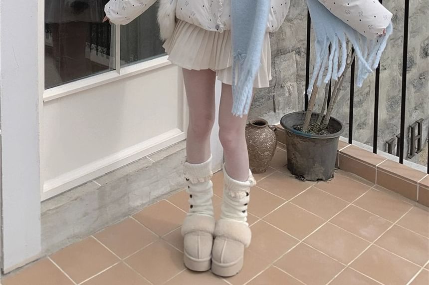 Stand Collar Bow Print Lace Trim Padded Zip Jacket