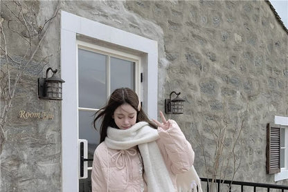 Stand Collar Bow Print Lace Trim Padded Zip Jacket