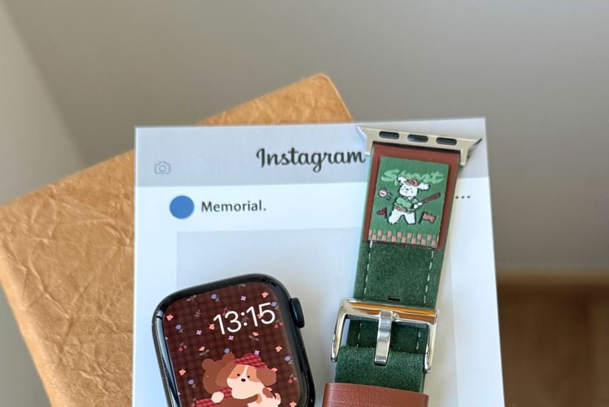 Genuine Band Watch Embroidered Leather Apple Animal
